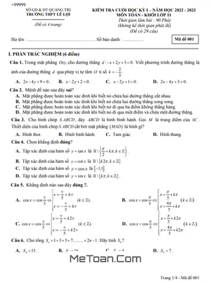 Đề Thi Cuối Kì 1 Toán 11 Năm 2022 - 2023 Trường THPT Lê Lợi - Quảng Trị