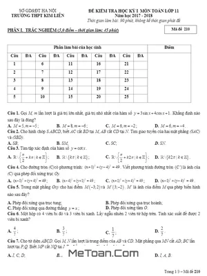 Đề thi HK1 Toán 11 năm học 2017 - 2018 trường THPT Kim Liên - Hà Nội