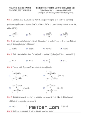 Đề KSCL Giữa Học Kỳ 1 Môn Toán 12 Năm Học 2017 - 2018 Trường THPT Chuyên Đại Học Vinh