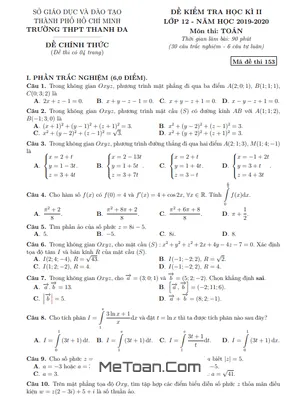 Đề thi học kì 2 Toán 12 năm 2019 - 2020 trường THPT Thanh Đa - TP HCM