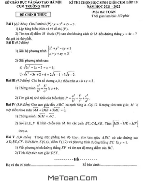 Đề thi học sinh giỏi Toán 10 năm 2021 - 2022 cụm trường THPT - Hà Nội