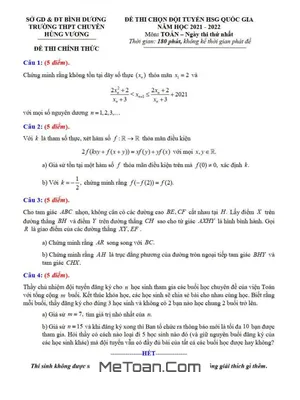 Đề chọn đội tuyển HSG Quốc gia môn Toán năm 2022 trường chuyên Hùng Vương – Bình Dương