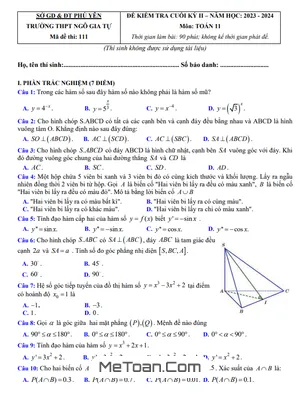 Đề Thi Cuối Kỳ 2 Môn Toán Lớp 11 Năm 2023 - 2024 Trường THPT Ngô Gia Tự - Phú Yên
