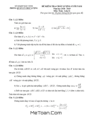 Đề kiểm tra chất lượng Toán 11 năm 2018 - 2019 Sở GD&ĐT Bắc Ninh