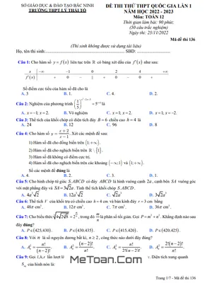 Đề thi thử THPT QG 2023 lần 1 môn Toán trường THPT Lý Thái Tổ - Bắc Ninh
