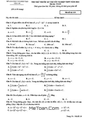 Đề thi thử Toán THPT 2021 sở GD&ĐT Gia Lai - Mã đề 119