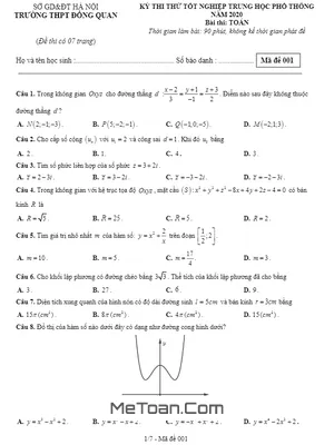 Đề Thi Thử Tốt Nghiệp THPT 2020 Môn Toán Trường THPT Đồng Quan – Hà Nội