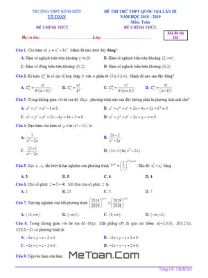 Đề thi thử Toán THPT Quốc gia 2019 lần 3 trường Kinh Môn – Hải Dương