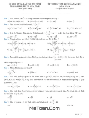 Đề thi thử THPT Quốc gia 2017 môn Toán sở GD – ĐT Bắc Ninh