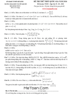 Đề thi thử THPT Quốc gia 2016 môn Toán trường Nguyễn Khuyến, TP.HCM