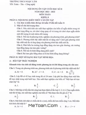 Ôn Tập Cuối Kì 2 Toán 8 Năm 2023 - 2024 Trường THCS Ngọc Lâm - Hà Nội