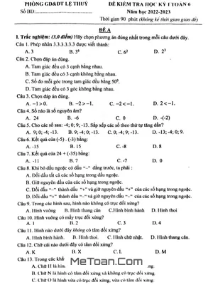 Đề thi học kỳ 1 môn Toán lớp 6 năm 2022 - 2023 phòng GD&ĐT Lệ Thủy - Quảng Bình