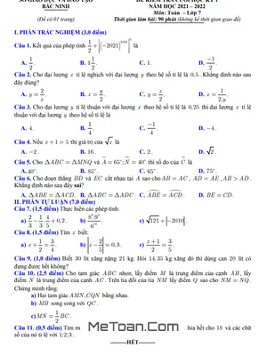 Đề kiểm tra cuối kỳ 1 Toán 7 năm 2021 - 2022 sở GD&ĐT Bắc Ninh
