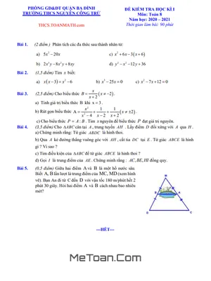 Đề thi học kì 1 Toán lớp 8 năm 2020 - 2021 trường THCS Nguyễn Công Trứ - Hà Nội