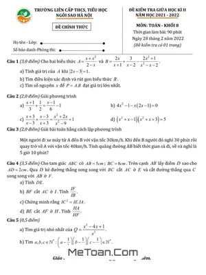 Đề Thi Giữa Kì 2 Toán 8 Năm 2021 - 2022 Trường TH&THCS Ngôi Sao Hà Nội