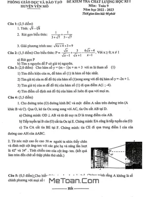 Đề thi học kì 1 Toán 9 năm 2022 - 2023 phòng GD&ĐT Yên Mô - Ninh Bình