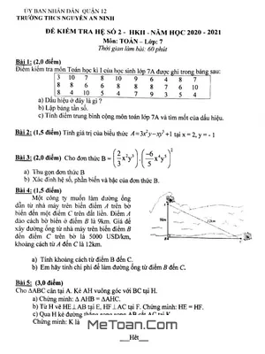 Đề kiểm tra hệ số 2 Toán 7 năm 2020 - 2021 trường Nguyễn An Ninh - TP HCM