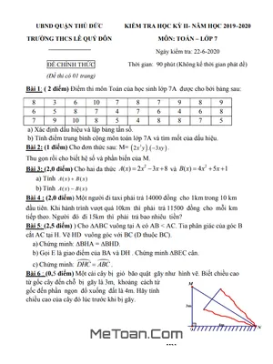 Đề thi HK2 Toán 7 năm 2019 - 2020 trường THCS Lê Quý Đôn - TP HCM