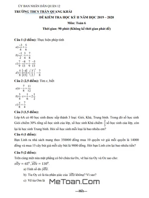 Đề thi học kì 2 Toán 6 năm 2019 - 2020 trường THCS Trần Quang Khải - TP.HCM (có đáp án)