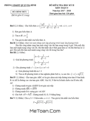 Đề thi HK2 Toán 9 năm 2017 - 2018 phòng GD&ĐT Ba Đình - Hà Nội (có lời giải)