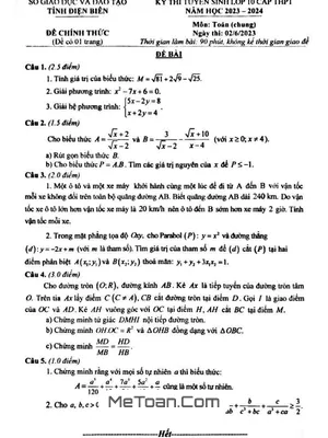 Đề thi tuyển sinh lớp 10 môn Toán (chung) năm 2023 - 2024 Sở GD&ĐT Điện Biên