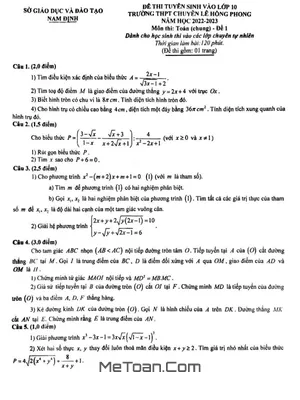 Đề thi vào lớp 10 môn Toán trường Chuyên Lê Hồng Phong - Nam Định năm 2022 - 2023