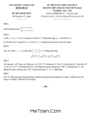 Đề Thi Vào Lớp 10 Chuyên Toán Trần Hưng Đạo Bình Thuận 2020 - 2021