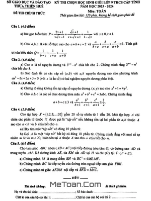 Đề thi học sinh giỏi Toán 9 cấp tỉnh năm 2023 - 2024 sở GD&ĐT Thừa Thiên Huế