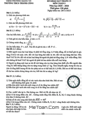 Đề thi Khảo sát Toán 9 tháng 11 năm 2025 trường THCS Thành Công, Hà Nội