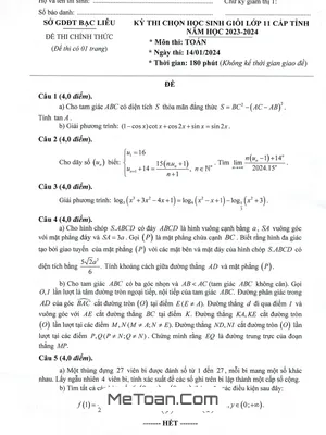 Đề thi chọn HSG Toán 11 cấp tỉnh năm 2023 - 2024 sở GD&ĐT Bạc Liêu