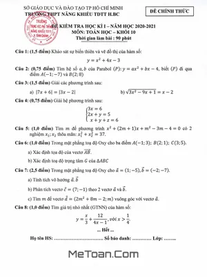 Đề thi học kì 1 Toán 10 năm 2020 - 2021 trường THPT Năng khiếu TDTT Bình Chánh - TP.HCM (có lời giải)