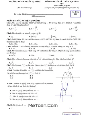Đề Thi Cuối Kì 1 Toán 12 Năm 2023 - 2024 Trường THPT Chuyên Hạ Long - Quảng Ninh