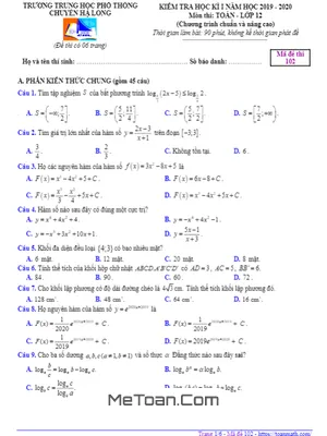 Đề thi học kì 1 Toán 12 năm 2019 - 2020 trường chuyên Hạ Long - Quảng Ninh