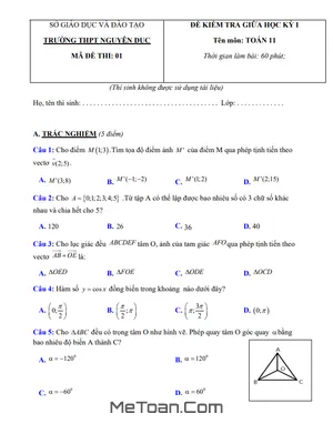 Đề thi giữa HK1 Toán 11 năm 2020 - 2021 trường THPT Nguyễn Dục - Quảng Nam