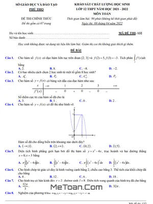 Đề khảo sát chất lượng Toán 12 THPT năm 2021 - 2022 sở GD&ĐT Phú Thọ