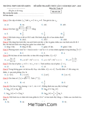 Đề thi thử Toán 12 lần 3 năm 2018 trường THPT chuyên KHTN Hà Nội - Mã đề 234