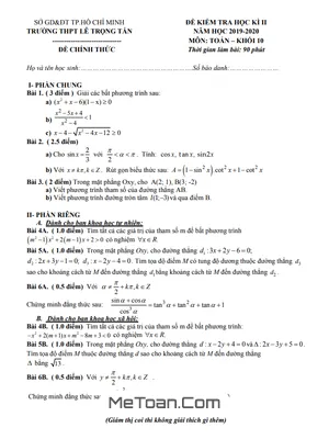 Đề thi học kì 2 Toán 10 năm 2019 - 2020 trường THPT Lê Trọng Tấn - TP HCM
