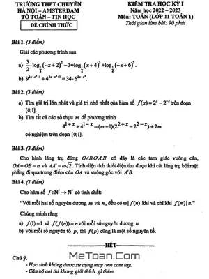 Đề thi học kỳ 1 Toán 11 (chuyên) năm 2022 - 2023 trường THPT chuyên Hà Nội - Amsterdam
