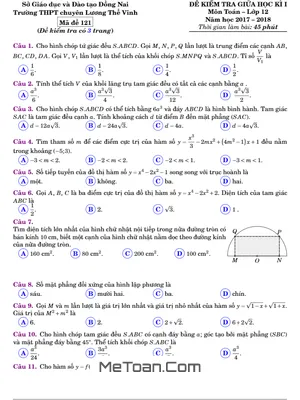Đề Kiểm Tra Giữa HK1 Môn Toán 12 Năm Học 2017 - 2018 Trường THPT Chuyên Lương Thế Vinh - Đồng Nai
