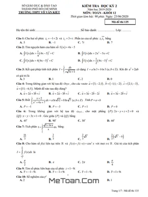 Đề thi học kì 2 Toán 12 năm 2019 - 2020 trường THPT Võ Văn Kiệt - TP HCM