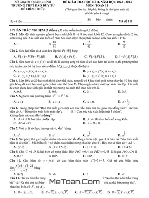 Đề học kì 2 Toán 11 năm 2023 - 2024 trường THPT Đào Duy Từ - Quảng Bình
