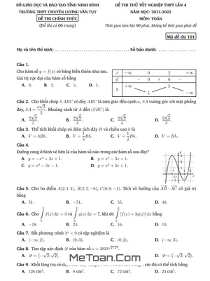 Đề thi thử Toán TN THPT 2022 lần 4 trường chuyên Lương Văn Tụy - Ninh Bình