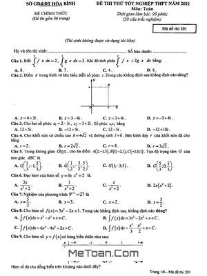 Đề thi thử tốt nghiệp THPT 2021 môn Toán sở GD&ĐT Hòa Bình mã đề 201