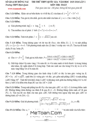 Đề thi thử THPT Quốc gia 2016 môn Toán trường Định Quán - Đồng Nai lần 1 có đáp án