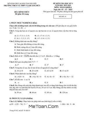Đề thi học kỳ 1 Toán lớp 6 năm 2022 - 2023 trường Tạ Quang Bửu - Hà Nội