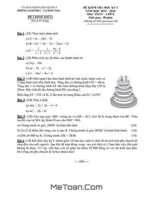 Đề thi học kỳ 1 Toán lớp 8 năm 2019 - 2020 phòng GD&ĐT Quận 9 - TP HCM