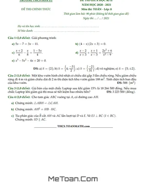 Đề thi giữa kì 2 Toán 8 năm 2020 - 2021 trường THCS Hoa Lư - TP.HCM