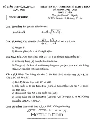 Đề kiểm tra cuối kì 1 Toán 9 năm 2022-2023 Sở GD&ĐT Lạng Sơn