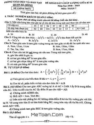 Đề KSCL giữa kì 2 Toán 7 năm 2018 - 2019 phòng GD&ĐT Hà Đông - Hà Nội