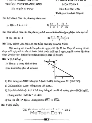 Đề thi học kì 2 Toán 8 năm 2021 - 2022 trường THCS Thăng Long - Hà Nội